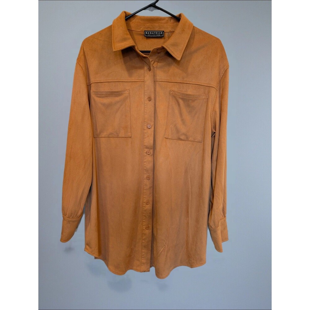 Women's Bagatelle Faux Suede Button Front Long Sleeve Shirt Camel Brown Large